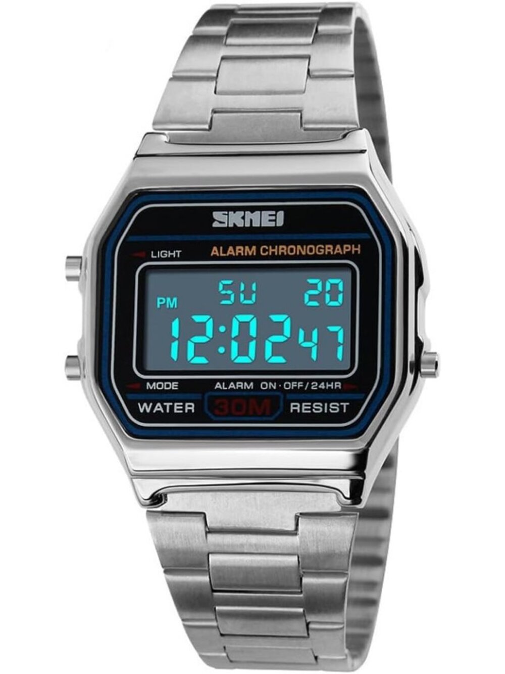 Men's Silver Digital Stainless Steel Band Electronic Square LED Back Light Watch